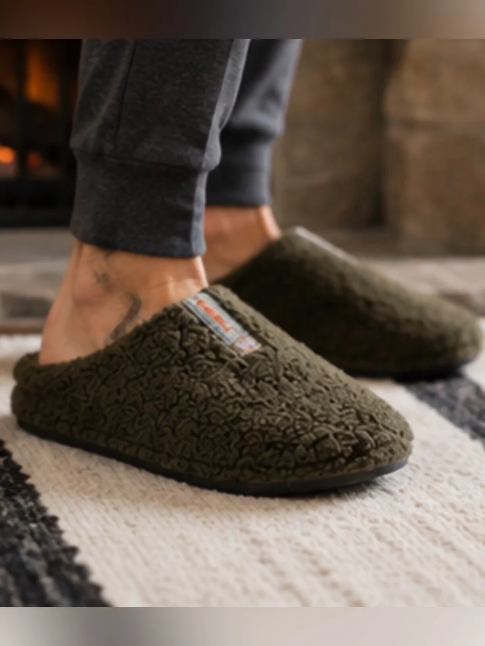 BOMBAS Sunday Slippers Men’s Olive Green Sherpa Fleece Mule House Shoes 13